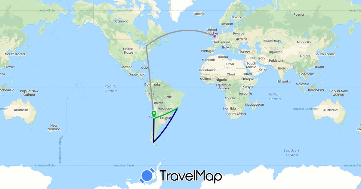 TravelMap itinerary: driving, bus, plane, train in Brazil, Canada, Chile, United Kingdom (Europe, North America, South America)